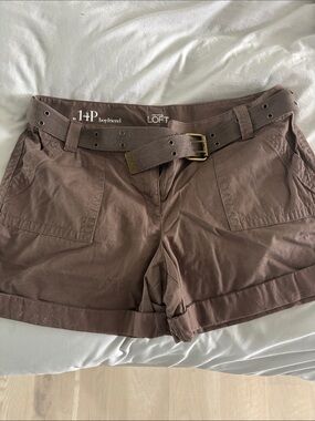 LOFT Brown Boyfriend-Style Cotton Bermuda Shorts with Belt